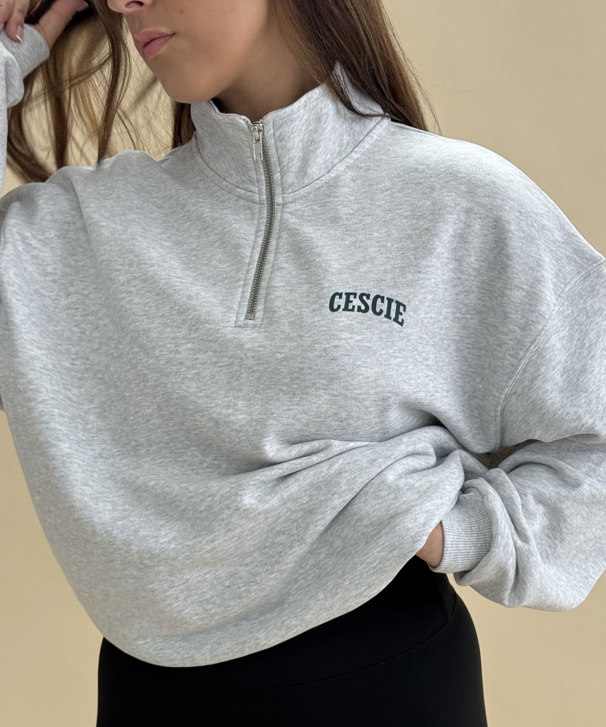 Varsity Oversized Quarter Zip Sweatshirt - Grey Marl - cescie