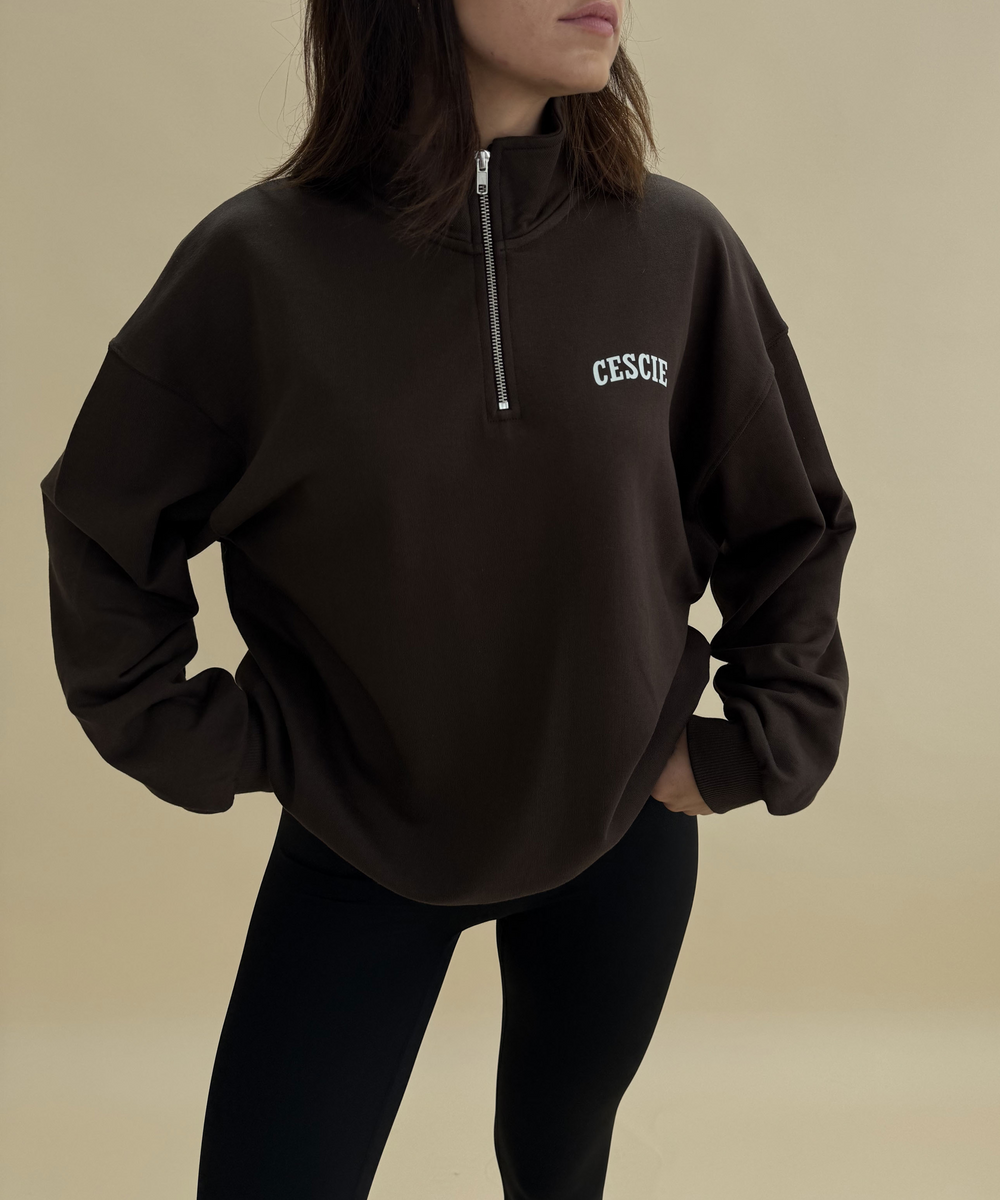 Varsity Oversized 1/4 Zip Sweatshirt Deep Brown